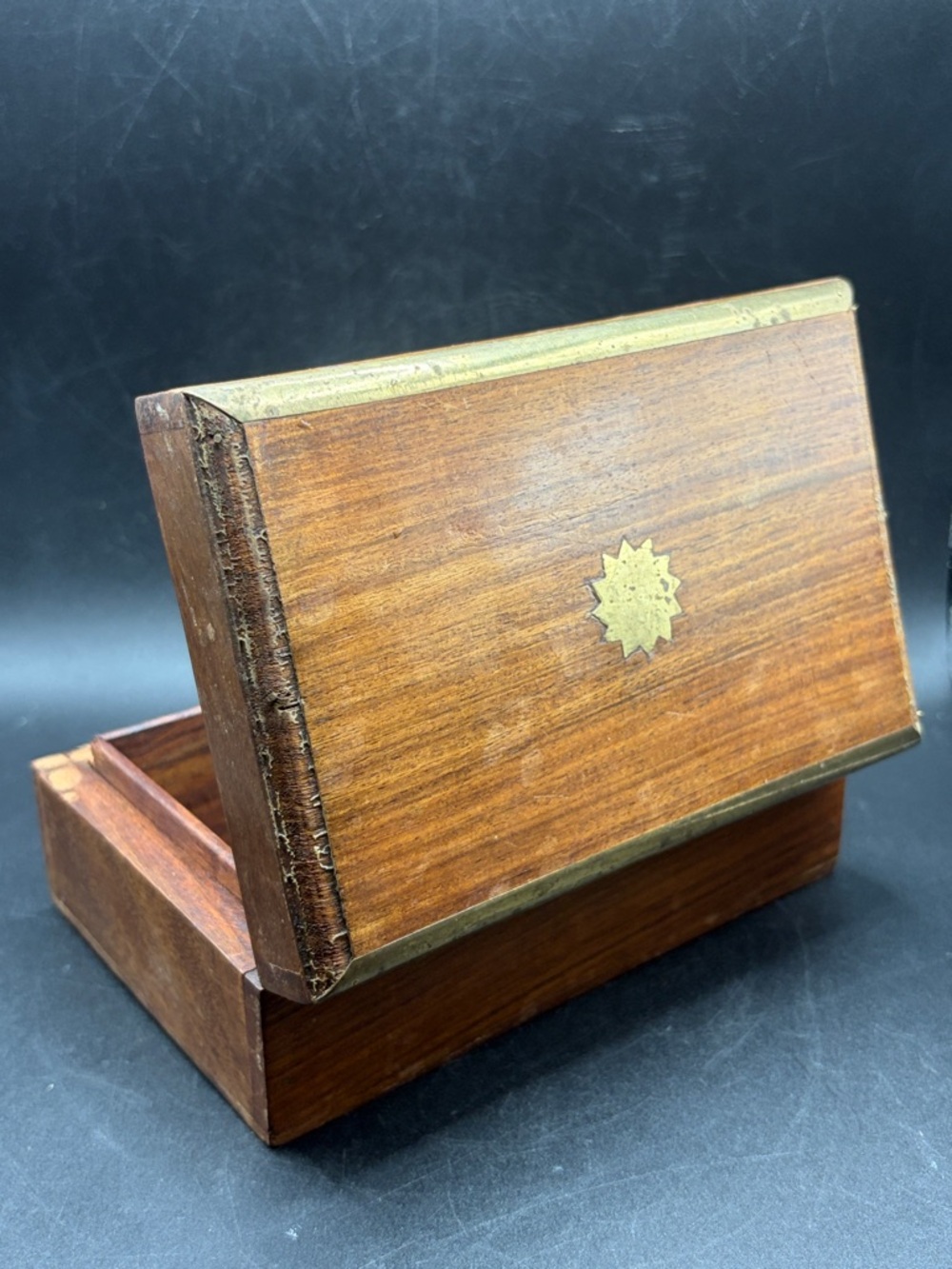 Vintage Brass Inlay Wooden Keepsake Box Hinged Lid Trinket Stash Box Storage